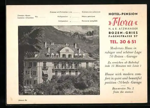 Vertreterkarte Bozen-Gries, Hotel-Pension Flora, Fagenstrasse 27, Inh. N. & E. Atzwanger, Blick auf das Hotel