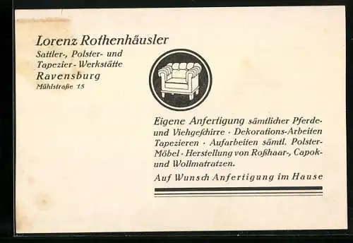 Vertreterkarte Ravensburg, Lorenz Rothenhäusler, Mühlstrasse 15, Sattler-, Polster- und Tapezier-Werkstätte