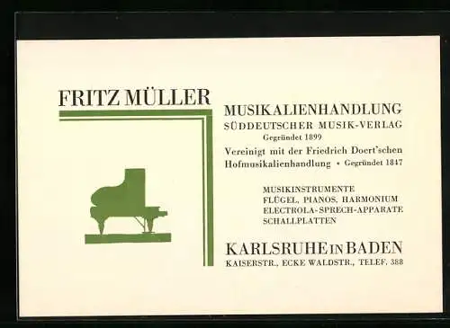 Vertreterkarte Karlsruhe in Baden, Fritz Müller, Musikalienhandlung, Kaiserstrasse /Waldstrasse, Süddeutscher Musik-Verlag