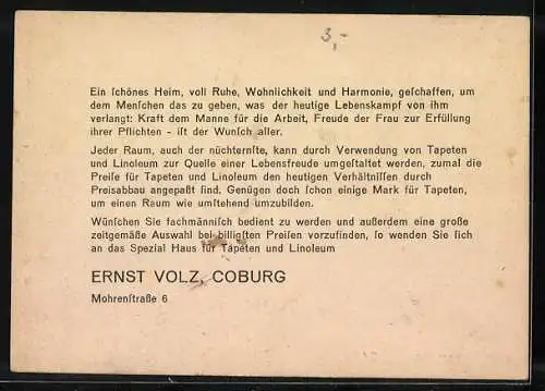 Vertreterkarte Coburg, Ernst Volz, Mohrenstrasse 6, Spezialhaus für Tapeten und Linoleum
