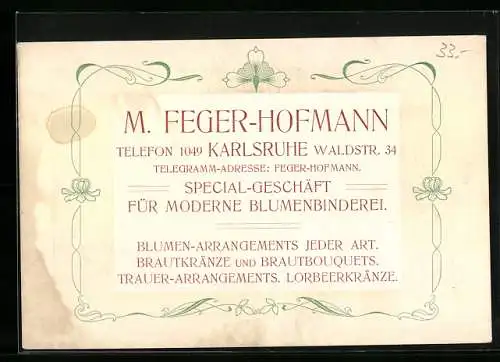 Vertreterkarte Karlsruhe, M. Feger-Hofmann, Waldstr. 34, Special-Geschäft für moderne Blumenbinderei