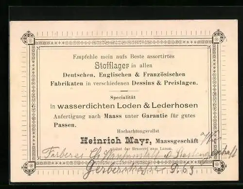 Vertreterkarte Heinrich Mayr, Maassgeschäft / Stofflager, nächst der Brauerei zum Lamm