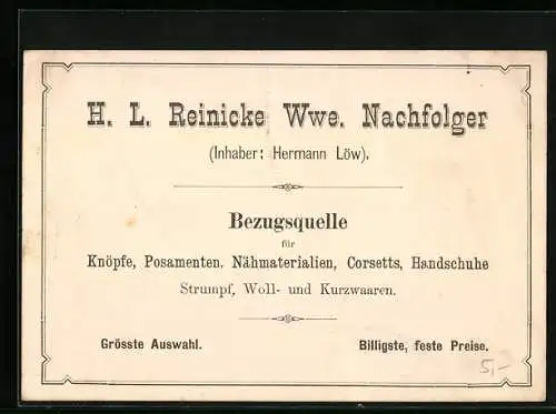 Vertreterkarte Schmalkalden, H. L. Reinicke Wwe. Nachfolger, Bezugsquelle für Knöpfe, Posamenten, Corsetts, Handschuhe