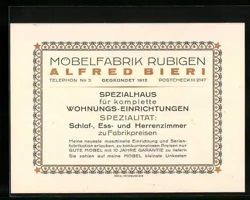 Vertreterkarte Rubigen, Alfred Bieri, Möbelfabrik, Spezialhaus für komplette Wohnungs-Einrichtungen