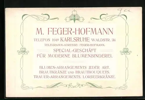 Vertreterkarte Karlsruhe, M. Feger-Hofmann, Special-Geschäft für moderne Blumenbinderei
