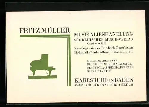 Vertreterkarte Karlsruhe i. Baden, Fritz Müller, Musikalienhandlung Süddeutscher Musik-Verlag, Kaiserstrasse / Waldstrasse