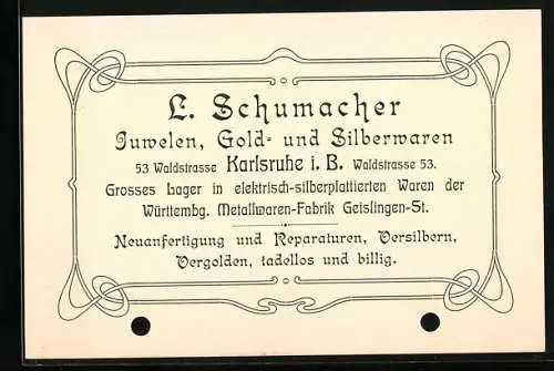 Vertreterkarte Karlsruhe, L. Schumacher, Juwelen, Gold- und Silberwaren, Waldstrasse 53