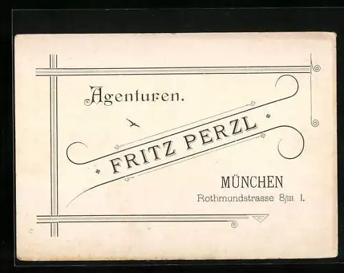 Vertreterkarte München, Fritz Perzl, Agenturen, Rothmundstrasse 8 /III, Rückseite verschiedene Firmen