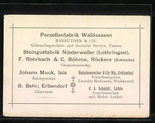 Vertreterkarte München, Fritz Perzl, Agenturen, Rothmundstrasse 8 /III, Rückseite verschiedene Firmen