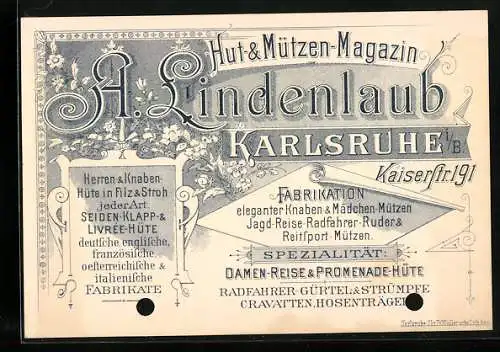 Vertreterkarte Karlsruhe i. B., A. Lidnenlaub, Hut & Mützen Magazin, Kaiserstrasse 191