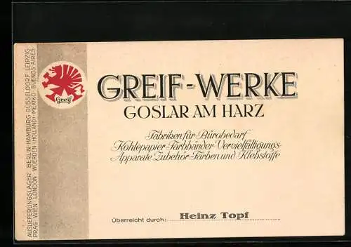 Vertreterkarte Goslar im Harz, Greif-Werke, Fabriken für Bürobedarf, Vertreter: Heinz Topf