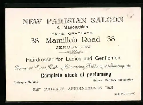 Vertreterkarte Jerusalem, New Parisian Saloon, K. Manoughain, 38 Mamillah Road, Hairdresser for Ladies and Gentleman