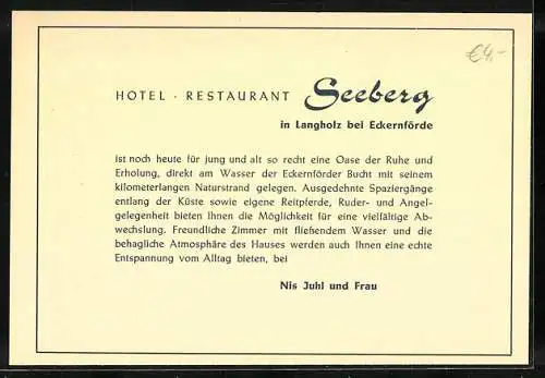 Vertreterkarte Langholz b. Eckernförde, Hotel-Restaurant Seeberg, Inh: Nis Juhl und Frau