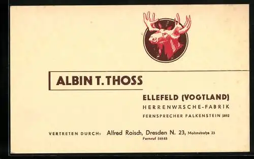 Vertreterkarte Ellefeld (Vogtland), Albin T. Thoss, Herrenwäsche-Fabrik, Vertreten durch: Alfred Roisch aus Dresden