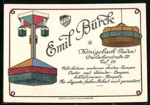 Vertreterkarte Königsbach (Baden), Emil Brück, Durlacherstr. 22, Fabrikation moderner Seidenlampen, Lüster, Ständerlampe