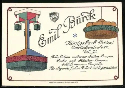 Vertreterkarte Königsbach (Baden), Emil Brück, Durlacherstr. 22, Fabrikation moderner Seidenlampen, Lüster, Ständerlampe