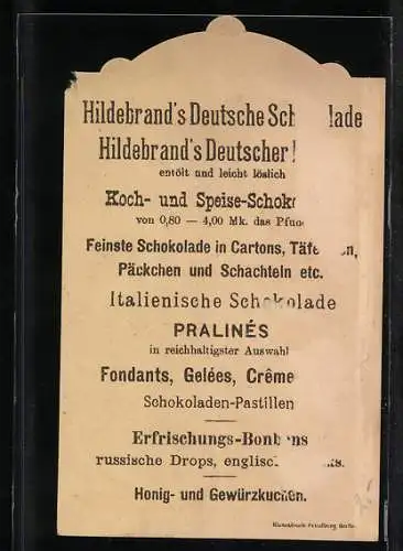 Vertreterkarte Hildebrand`s Deutsche Schokolade, Bild zeigt Aschenbrödel