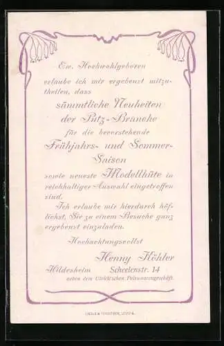 Vertreterkarte Hildesheim, Henny Köhler, Kleider und Hutwaren, Scheelenstrasse 14