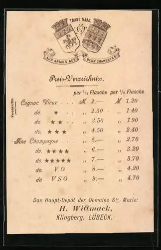 Vertreterkarte Lübeck, H. Wittmack, das Haupt-Depot der Domaine Ste. Marie, Rückseite Gartenbau-Ausstellung Hamburg 1897