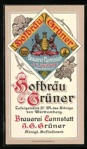 Vertreterkarte Cannstatt, Hofbräu Grüner, Brauerei Cannstatt, Inh. J. G. Grüner, königlicher Hofliferant