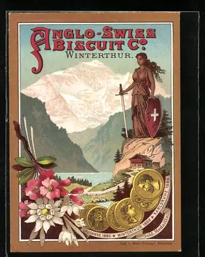Vertreterkarte Winterthur, Anglo-Swiss Bsicuit Co., Helvetia thront vor Alpenapanorama