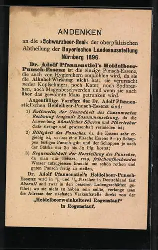 Vertreterkarte München, Dr. Adolf Pfannenstiel`s Heidelbeerpraeperate, d` Schwarzbeer Resl