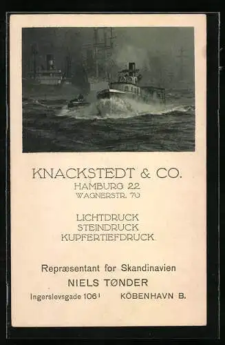 Vertreterkarte Hamburg, Knackstedt & Co., Wagnerstr. 70, Lichtdruck-Steindruck & Kupfertiefdruck, Niels Tonder Vertreter