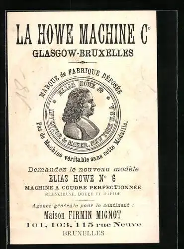 Vertreterkarte Bruxelles, La Howe Machine Co., Elias Howe, 115 rue Neuve