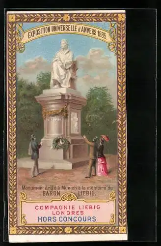 Vertreterkarte Londres, Compagnie Liebig, Hors Concours, Bild zeigt Monument Baron Liebig, Exposition Universelle 1885