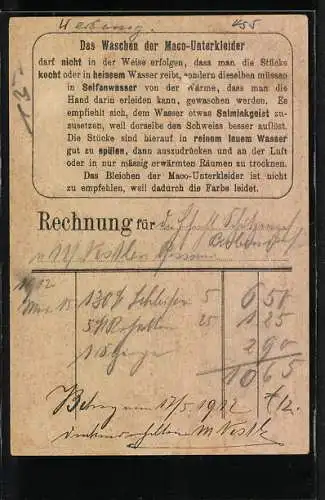 Vertreterkarte Echt Maco aus Aegyptischer Baumwolle, Prima Qualität, eingetragene Fabrikmarke