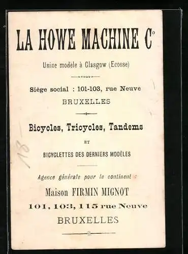 Vertreterkarte Bruxelles, la Howe Machine Co., rue Neuve 101-103, Bicycles, Tricycles, Tandems