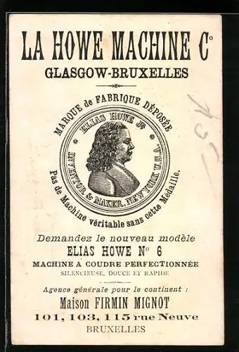 Vertreterkarte Bruxelles, La Howe Machine Co., Glasgow-Bruxelles, Elias Howe, Maison Firmin Mignot