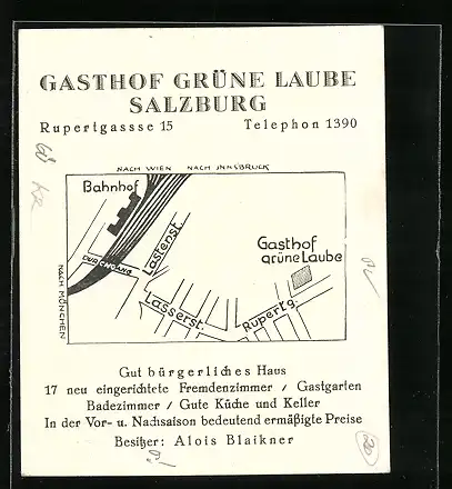 Vertreterkarte Salzburg, Gasthof Grüne Laube, Rupertgasse 15, Inh. Alois Blaikner, Anfahrtskizze