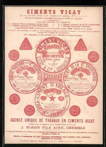 Vertreterkarte Grenoble, Ciments Vicat, J. Biron Fils Aine, Exposition Universelle 1878