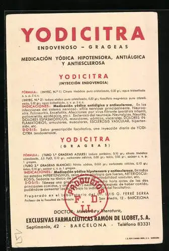 Vertreterkarte Barcelona, Yodicitra, Endovenoso-Grageas, Exclusivas Farmaceuticas Ramon de Llobet, Septimania 42