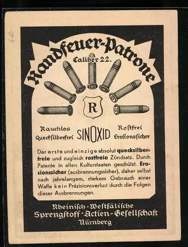 Vertreterkarte Nürnberg, Randfeuer-Patronen, Sinoxid, Rheinisch-Westfälische Sprengstoff A.G., Caliber 22