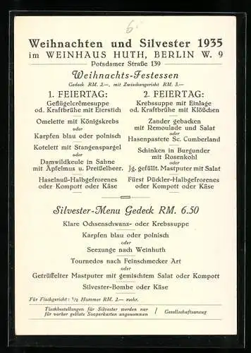 Vertreterkarte Berlin, Weinhaus Huth, Potsdamer Strasse 139, Menü-Angebot zu Weihnachten und Silverster 1935