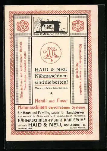 Vertreterkarte Karlsruhe i. B., Haid & Neu Nähmaschinen, Nähmaschinen-Fabrik Haid & Neu