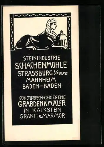 Vertreterkarte Strassburg i. Elsass, Steinundustrie Schachenmühle, Künstlerisch gedfiegene Grabdenkmäler
