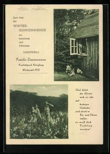 Vertreterkarte Klingberg, Freilichtpark Klingberg, Familie Zimmermann, Winter-Sonnenwende 1930, FKK