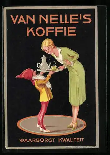 Vertreterkarte Van Nelle`s Koffie, Waarborgt Kwaliteit, Zwerg serviert frischen Kaffee auf Tablet