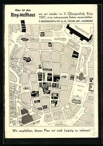 Vertreterkarte Leipzig, Ring-Messhaus, P. Beiersdorf & Co. A.G., Umgebungskarte, Rückseite das Haus mit 