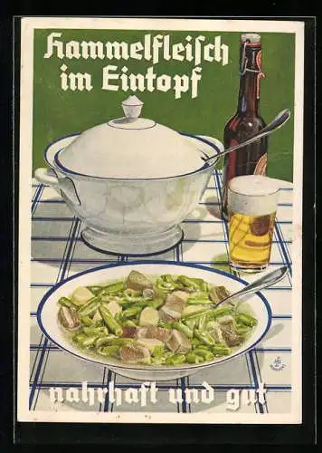 Vertreterkarte Berlin, Hammelfleisch im Eintopf, gedeckter Tisch, Rückseite Rezepte