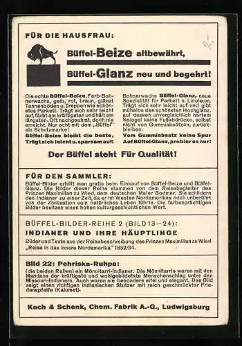 Vertreterkarte Ludwigsburg, Koch & Schenk, Chem. Fabrik A.G., Büffel Beize und Büffel Glanz, Mönnitarri-Indianer
