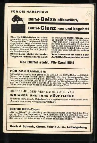 Vertreterkarte Ludwigsburg, Koch & Schenk, Chem. Fabrik A.G., Büffel Beize und Büffel Glanz, Mandan-Indianer