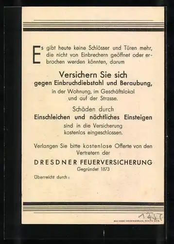 Vertreterkarte Dresden, Dresdner Feuerversicherung, gegründet 1873, Aller Vorsicht zum Trotz!