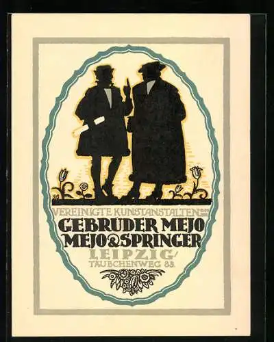 Vertreterkarte Leipzig, Gebrüder Mejo, Mejo & Springer, vereinigte Kunstanstalten, Täubchenweg 83