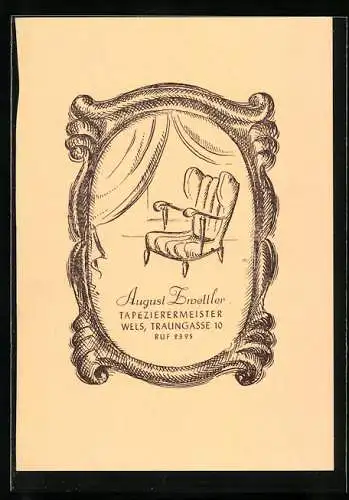 Vertreterkarte Wels, August Zwettler, Tapieziermeister, Traungasse 10