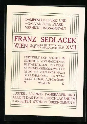 Vertreterkarte Wien, Franz Sedlacek, Hauotstrasse 22, Galvanische Starkvernicklungsanstalt und Dampffschleiferei