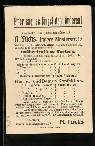 Vertreterkarte Chemnitz, N. Fuchs, Möbel- und Ausstatungsgeschäft, Innere Klosterstrasse 17, Rückseite Münster Strassburg